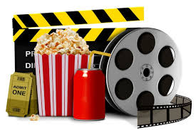 movie reel, soda, popcorn, movie ticket, and clap board 